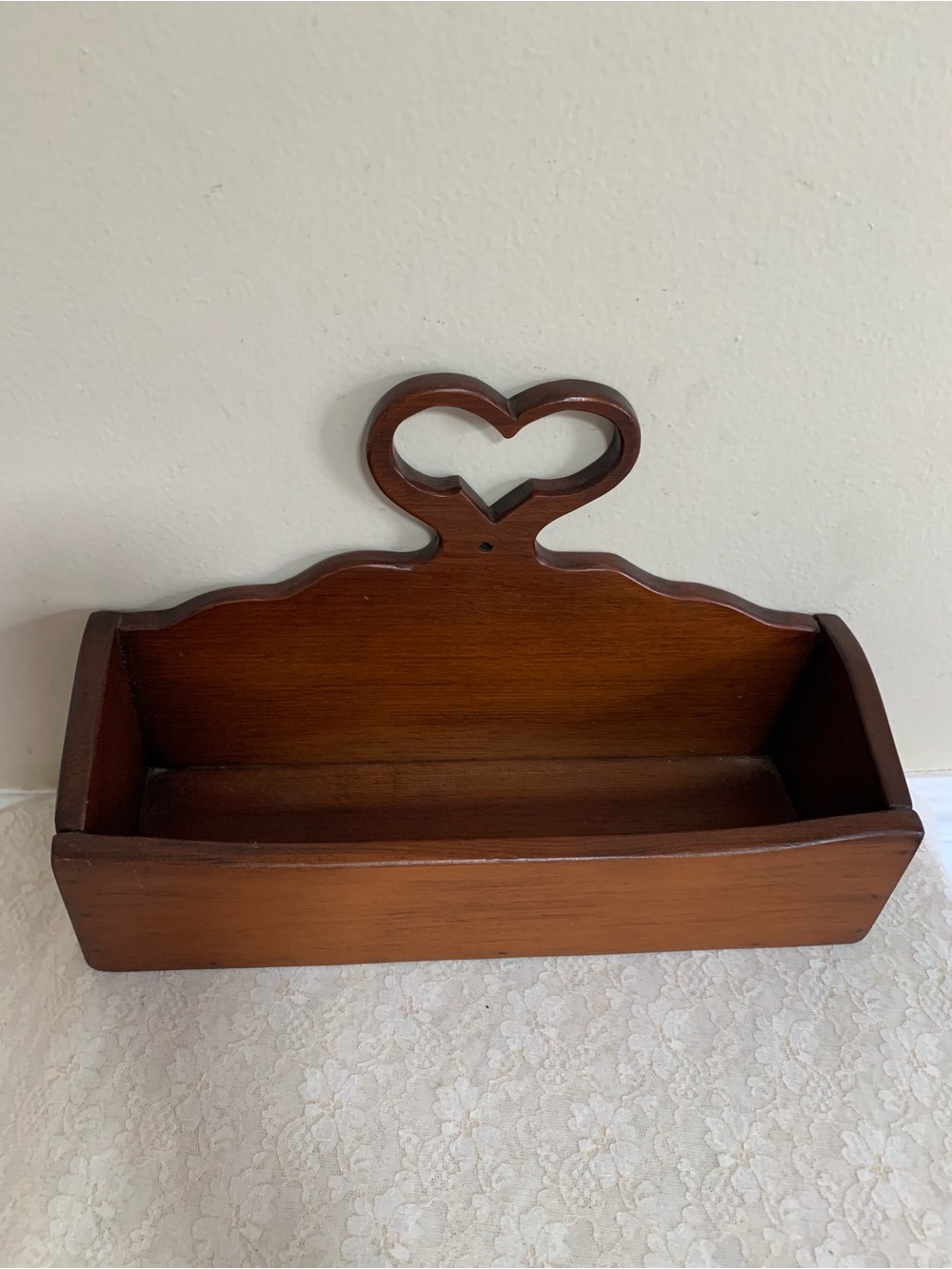 Vintage Wooden Wall Pocket Box with Heart Cutout | Country Farmhouse Decor